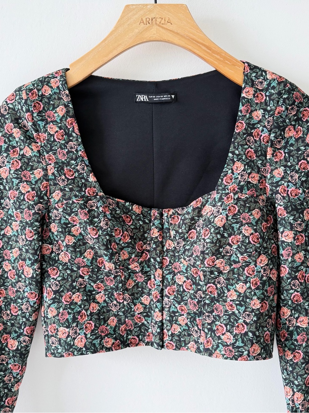 Zara Floral Corset Crop Top XS Green Pink Rose Print Square Neck Cottagecore - Picture 4 of 16